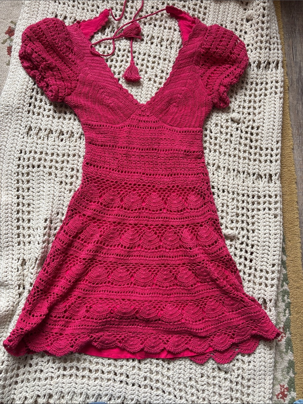 Crochet Deep V Mini Dress in Raspberry - Picture 3 of 5